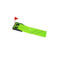 Green mini golf play mat with black base, red flag, white ball and two putters