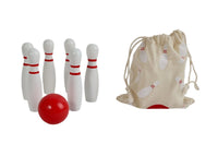 Mini bowling pins and red ball with drawstring pouch for wooden bowling set.