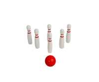Mini bowling pins with red bowling ball for portable wooden bowling game set.