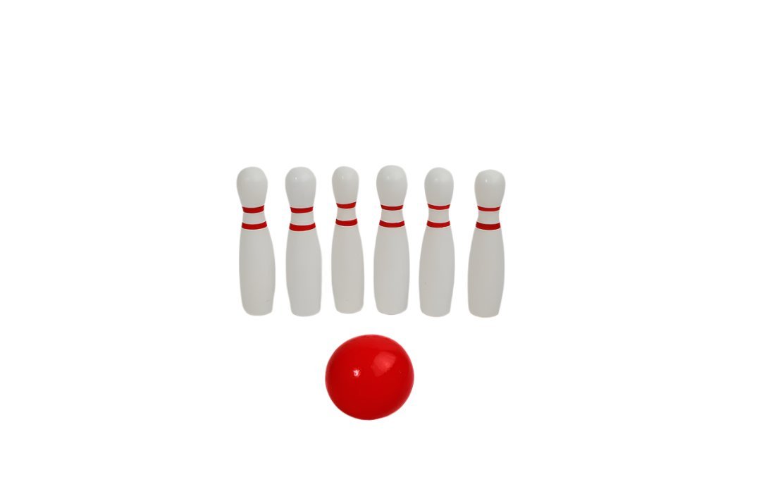 Mini bowling pins and red ball included in portable wooden bowling set.
