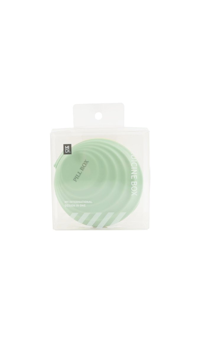 Green portable pill box organizer in clear carry pouch