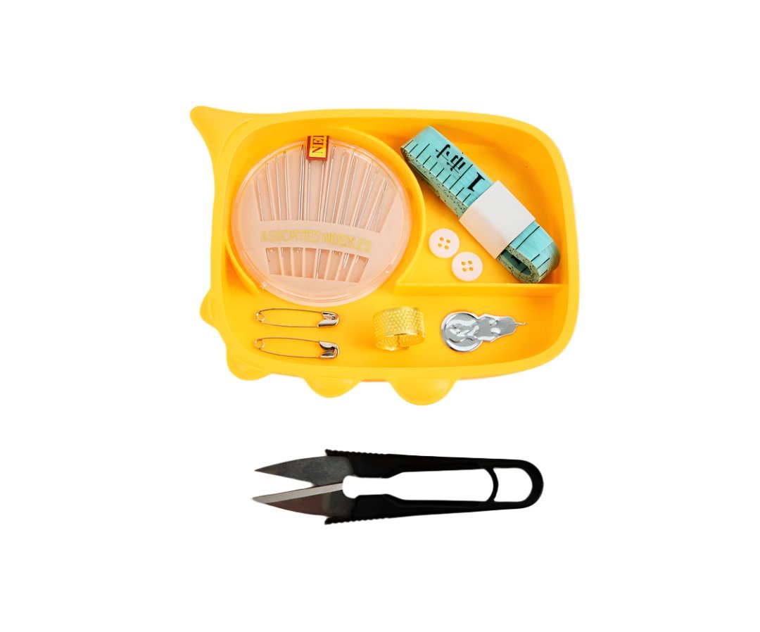 Portable sewing kit with yellow organizer, scissors, tape measure and buttons