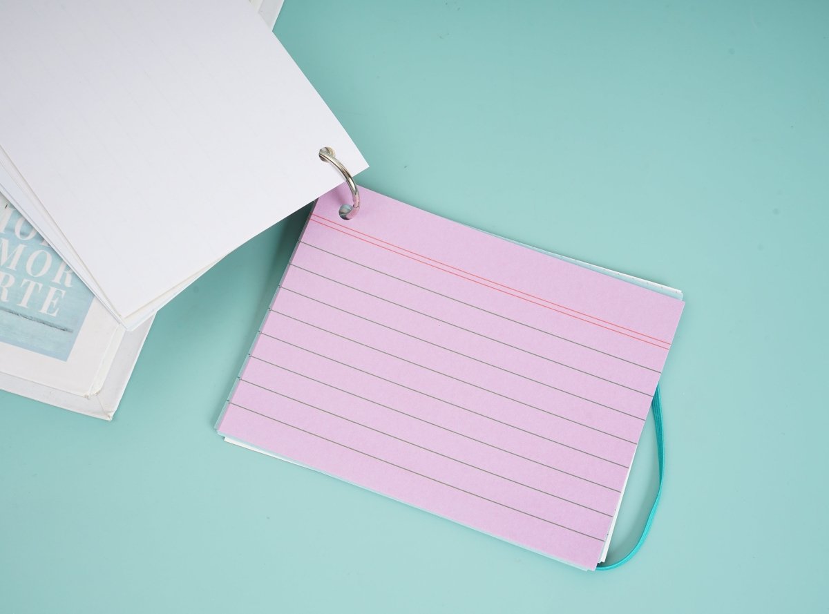 Pink portable study cards with metal ring and lined pages