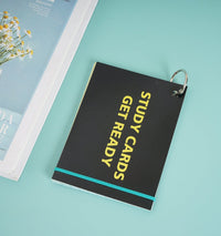 Black study cards with metal binder ring and yellow “STUDY CARDS READY” text