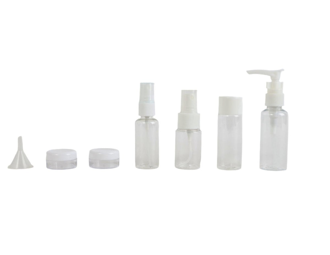 Travel bottle kit with clear bottles, pump dispenser, and small round containers.