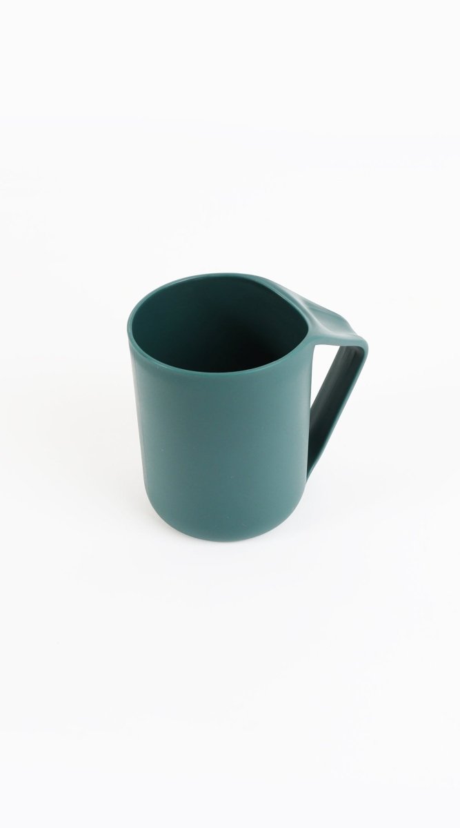 Dark green plastic cup with handle, open top