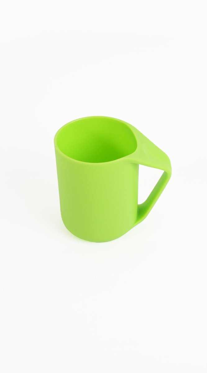 Light green plastic cup with handle, open top