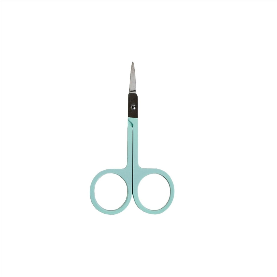 Cosmetic scissors with aqua finger loops, slim silver blades, and black pivot rivet