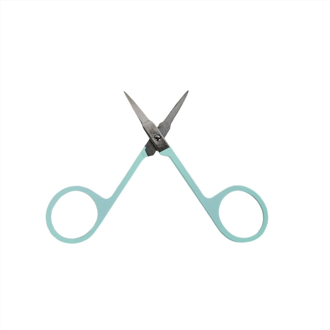 Cosmetic scissors with aqua handles and silver blades, finger loops and central pivot