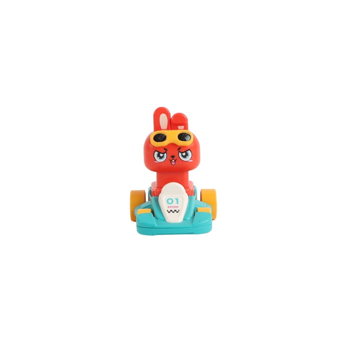 Animal kart racer toy with orange-red character face and teal base with yellow wheels