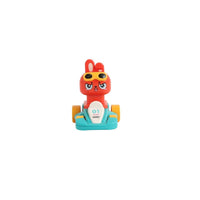 Animal kart racer toy with orange-red character face and teal base with yellow wheels