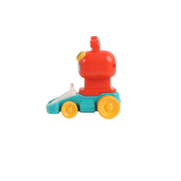 Red animal kart racer with teal body, yellow wheel accents, front wheels