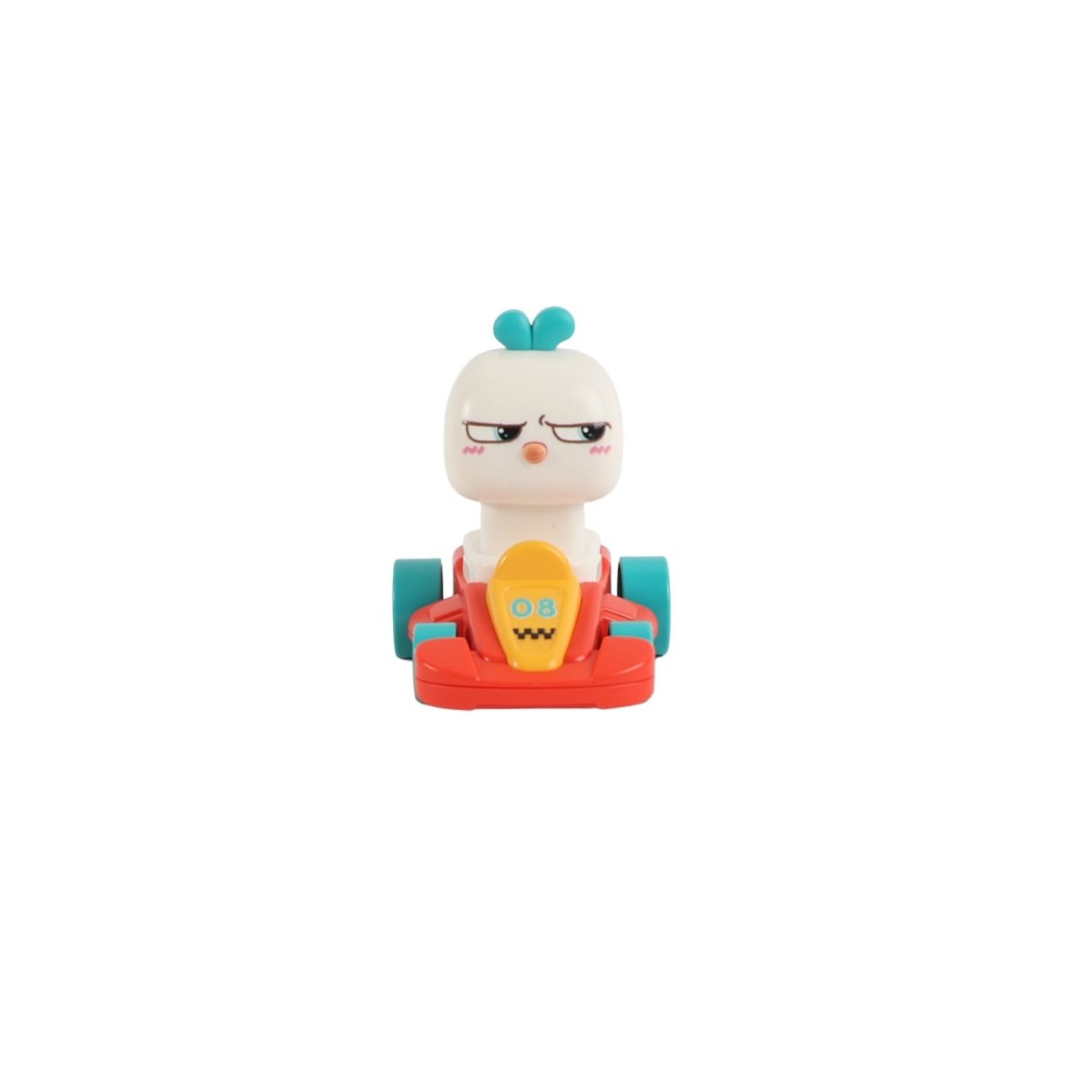 Animal kart racer toy with white-and-teal face and red base wheels