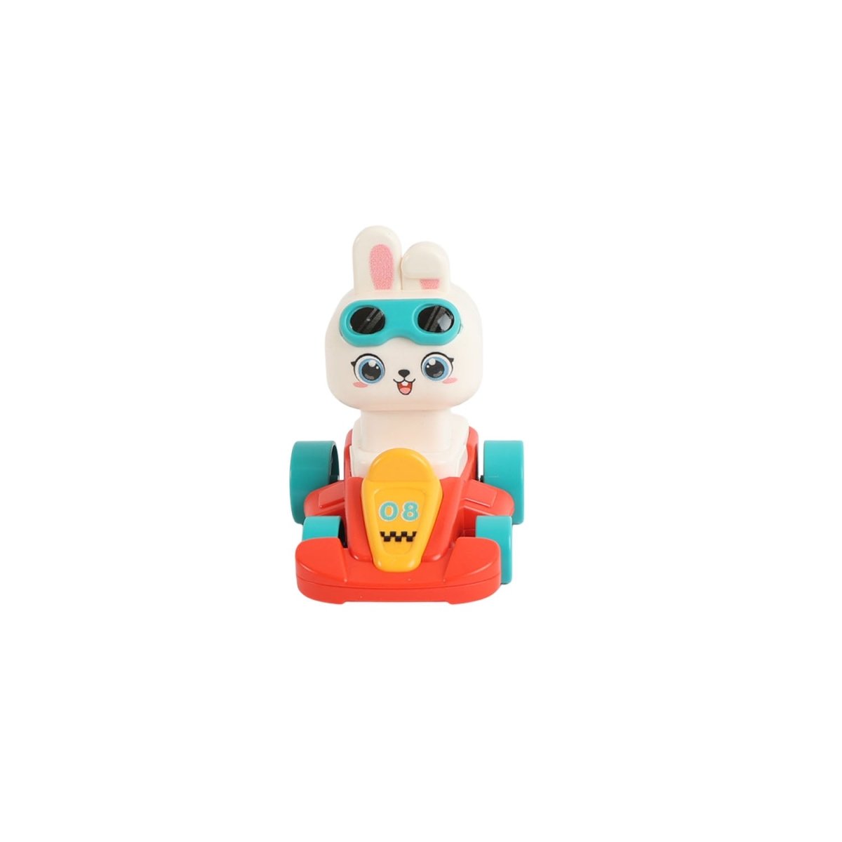 Animal kart racer toy with white bunny face and red base, teal side wheels