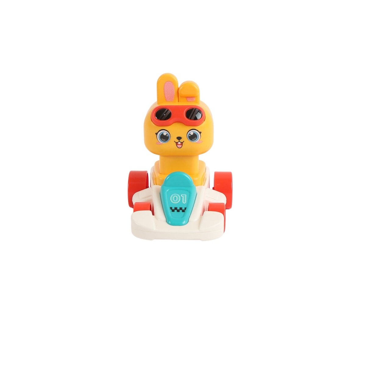 Animal kart racer toy with yellow face and teal number screen on front base