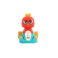 Animal kart racer toy with red head and teal base, orange side wheels