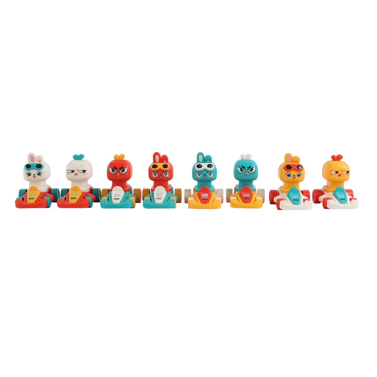 Animal kart racer toy lineup of eight small character vehicles standing side by side