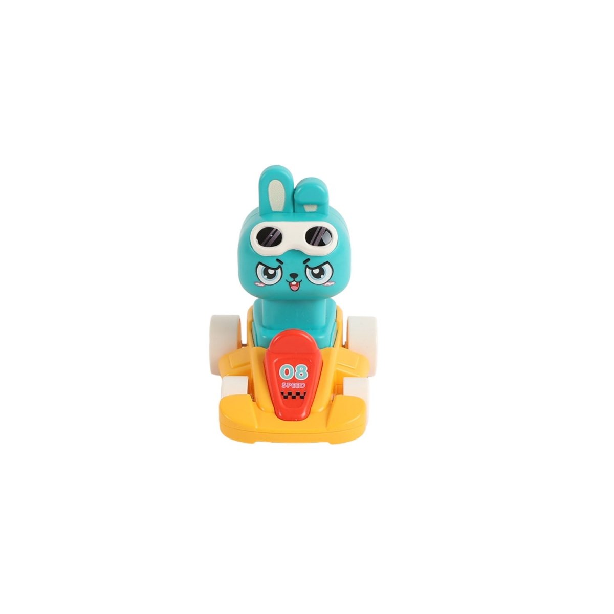 Teal animal kart racer with black goggles, orange base and white wheels