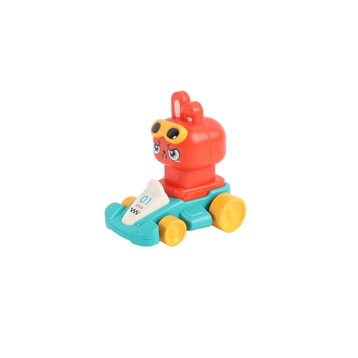 Animal kart racer toy with red body, teal base, and smiling yellow-faced driver