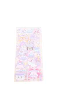 Princess dress-up sticker sheet with dress outfits, hats, shoes, and doll characters