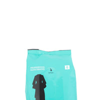 Turquoise wipe bag top with open flap and label marking “B”