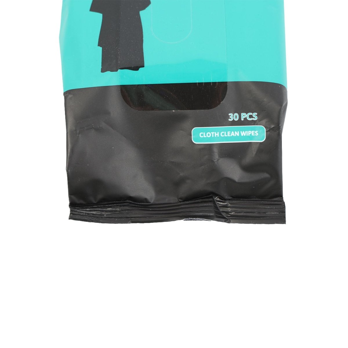 Close-up of turquoise and black wipe bag showing “30 PCS” and cloth clean wipes