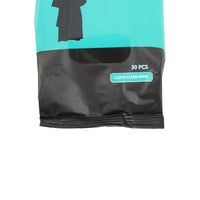 Close-up of turquoise and black wipe bag showing “30 PCS” and cloth clean wipes