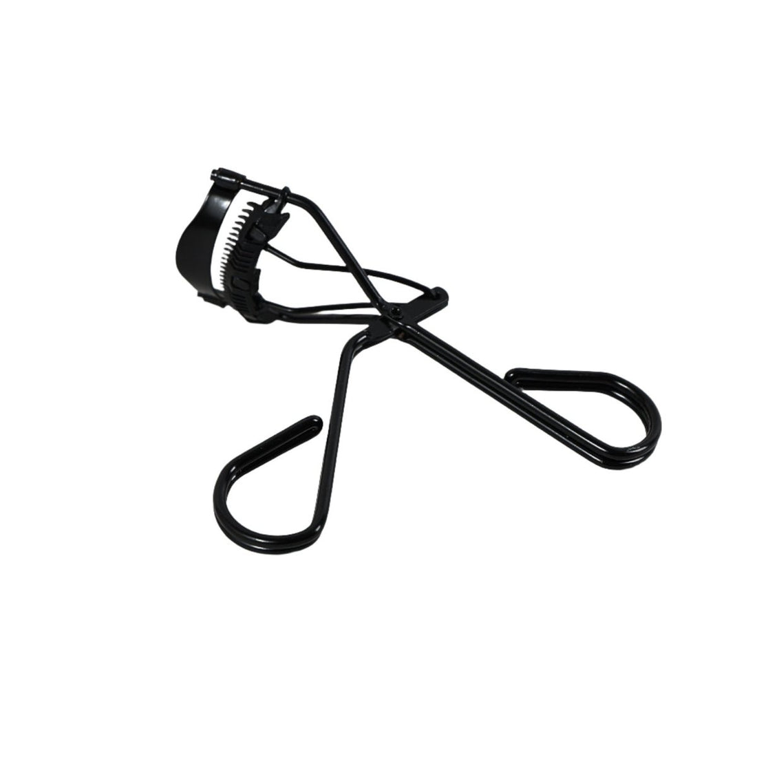 Black eyelash curler with rotating curved handle and comb-like guard