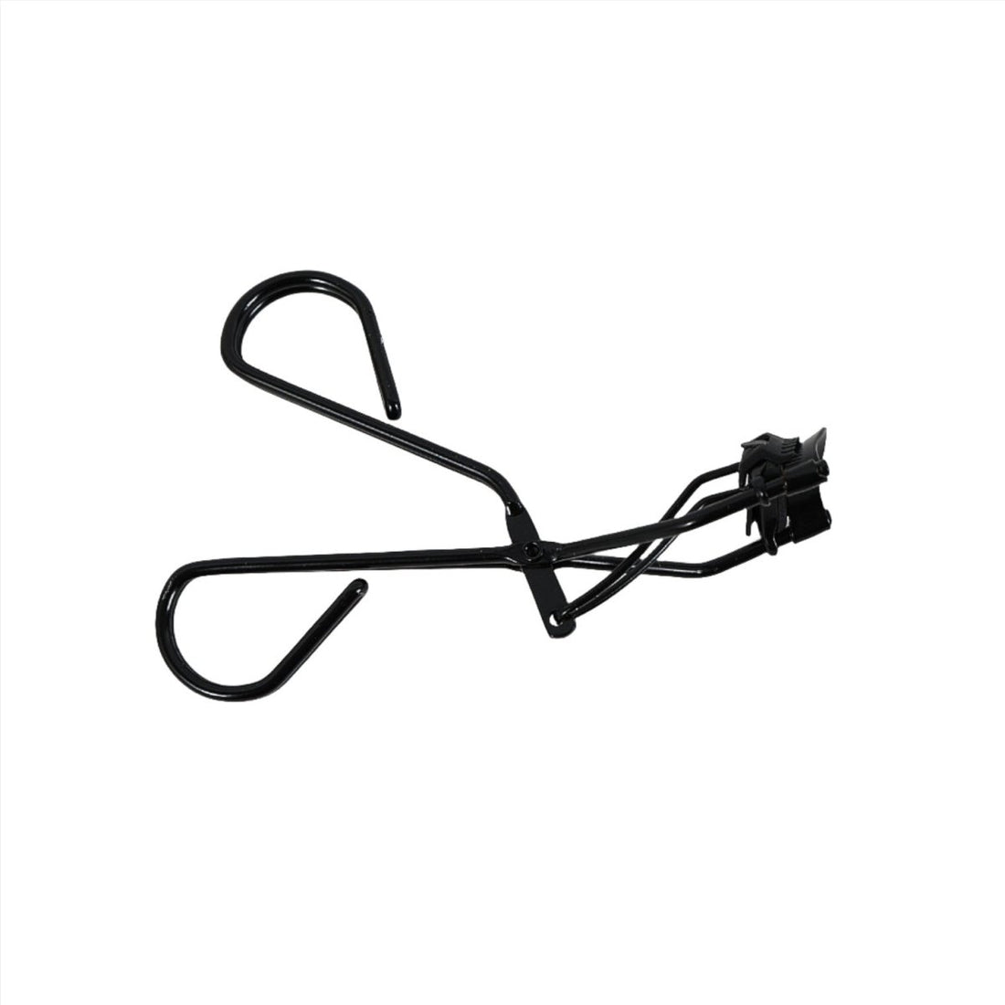 Black eyelash curler with spring clamp and curved silicone pad