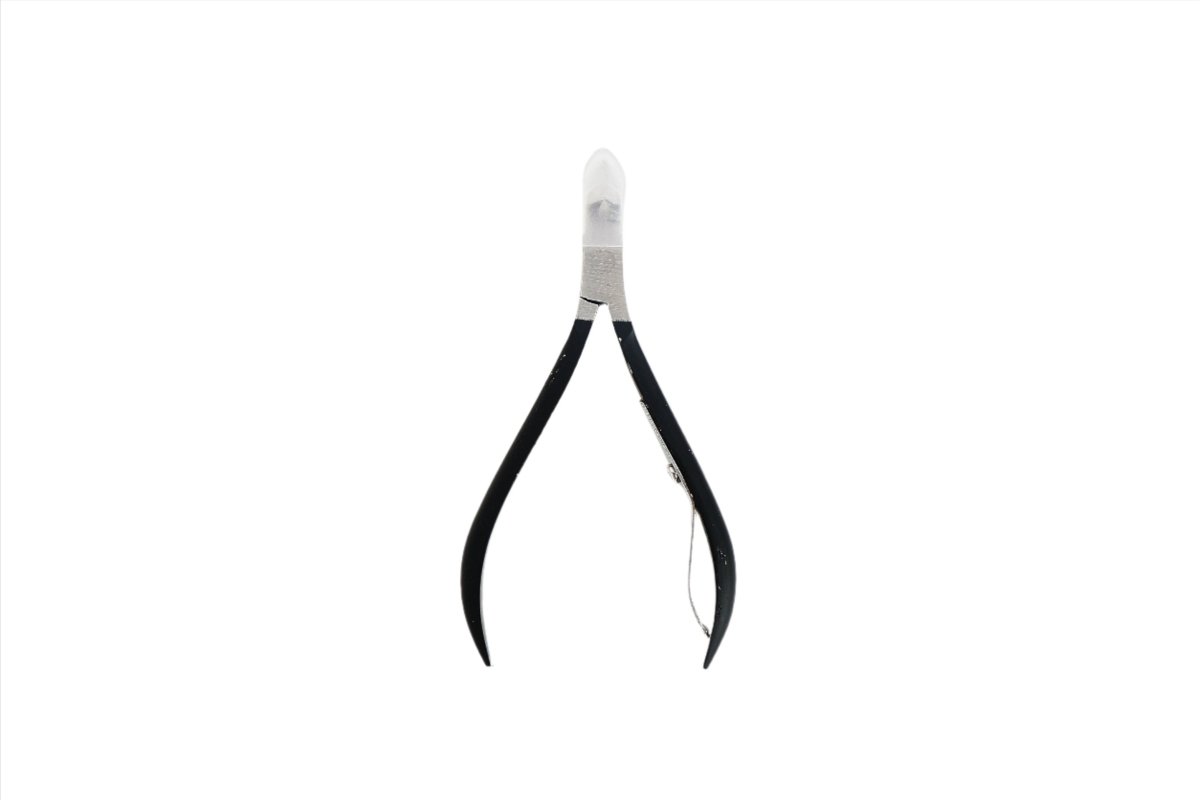 Cuticle nipper tool with black handles and curved stainless steel jaws