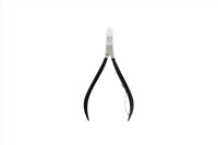 Cuticle nipper tool with black handles and curved stainless steel jaws