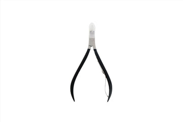 Cuticle nipper tool with black handles and curved stainless steel jaws