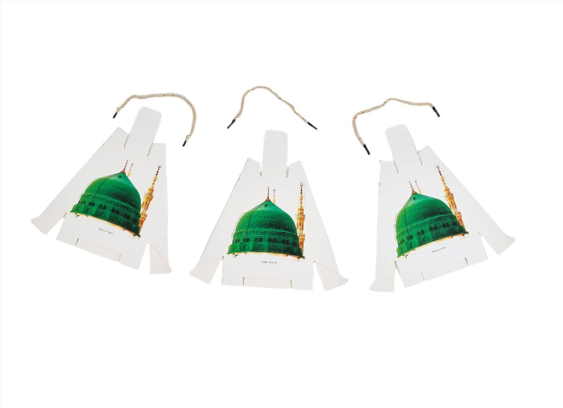 Set of three mosque dome gift boxes with green dome and gold minaret graphics.