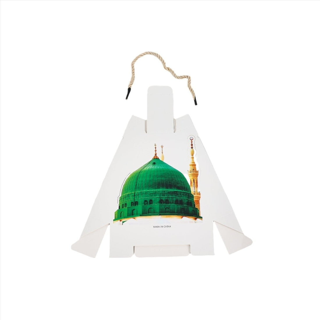 Gift box shaped like a mosque dome with green dome and gold minaret graphics.