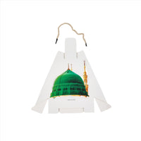 Gift box shaped like a mosque dome with green dome and gold minaret graphics.