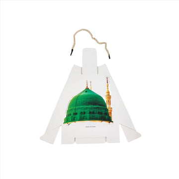 Gift box shaped like a mosque dome with green dome and gold minaret graphics.