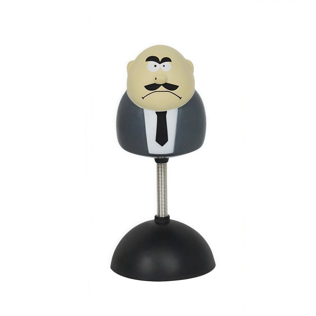 Desk punching stress toy with mustached boss face, black suit top, spring and base