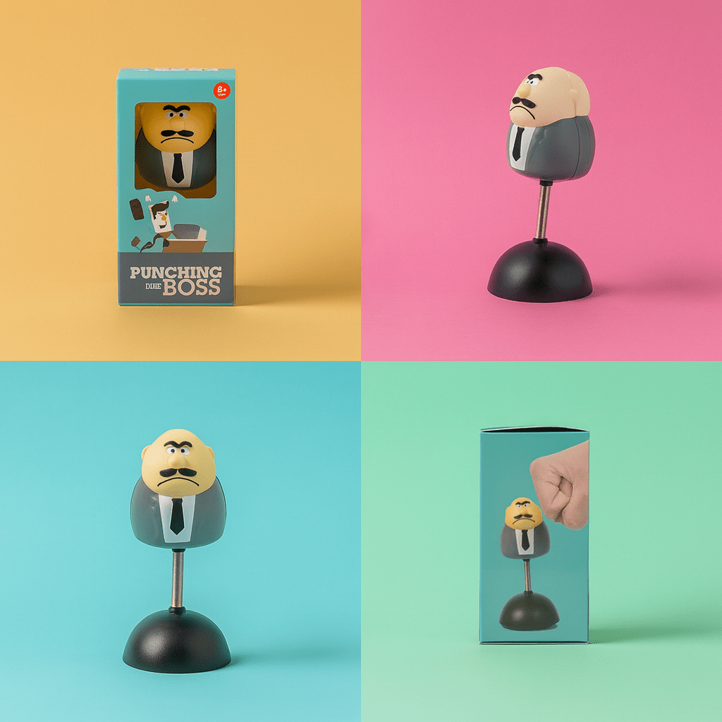 Punching the Boss desk stress relief toy, figure with suit top and spring base