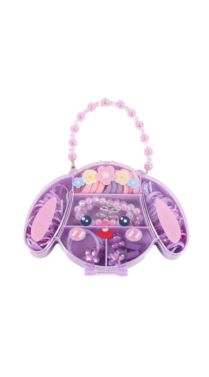 Purple bunny hair clip set with pearl handle, beads, and pink bow charm
