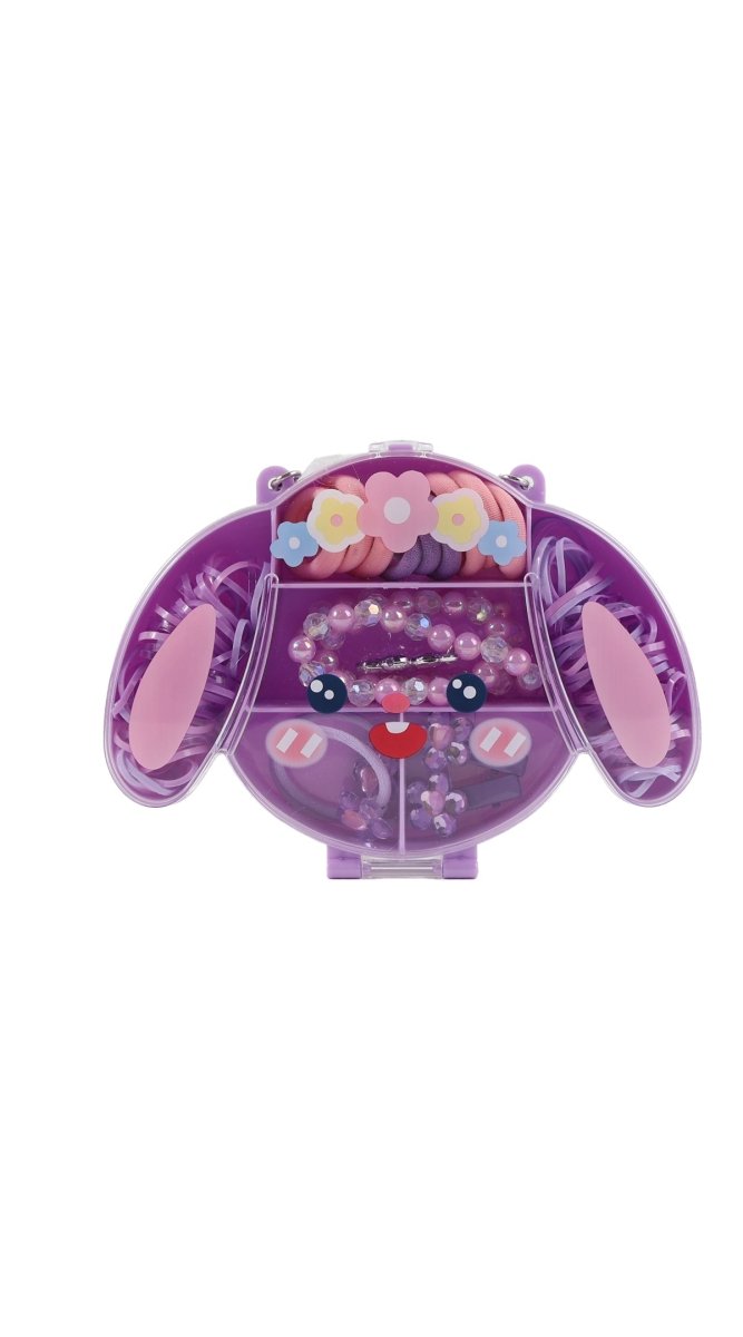 Purple bunny hair clip set with beads, bow charm, and dangling ear pieces