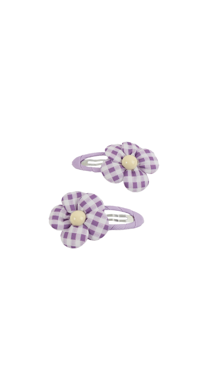 Gingham checkered fabric flower hair clips with pearl centers, two clips