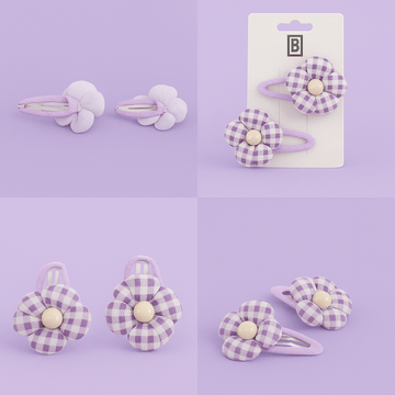 Purple Checkered Floral Fabric Hair Clips 1