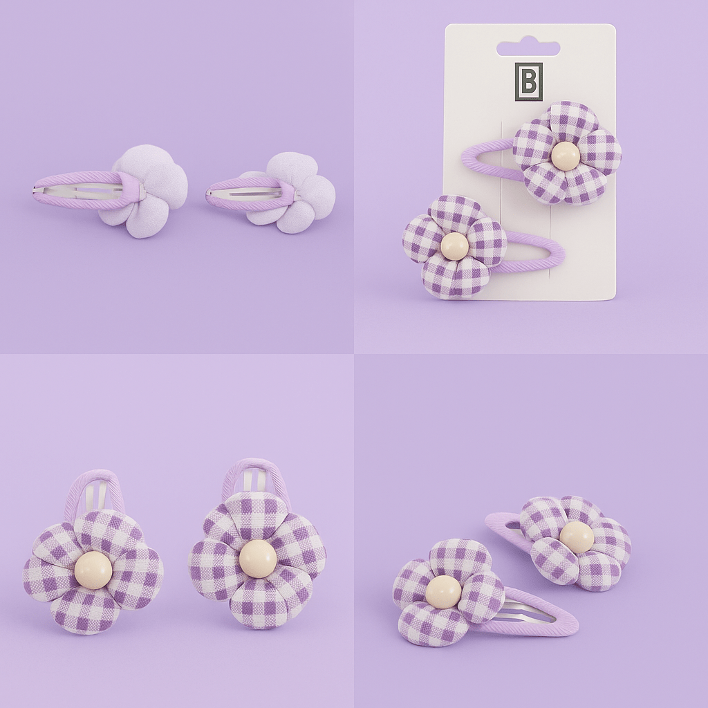 Pack of 3 Purple Gingham Floral Fabric Hair Clips