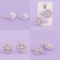Pack of 3 Purple Gingham Floral Fabric Hair Clips