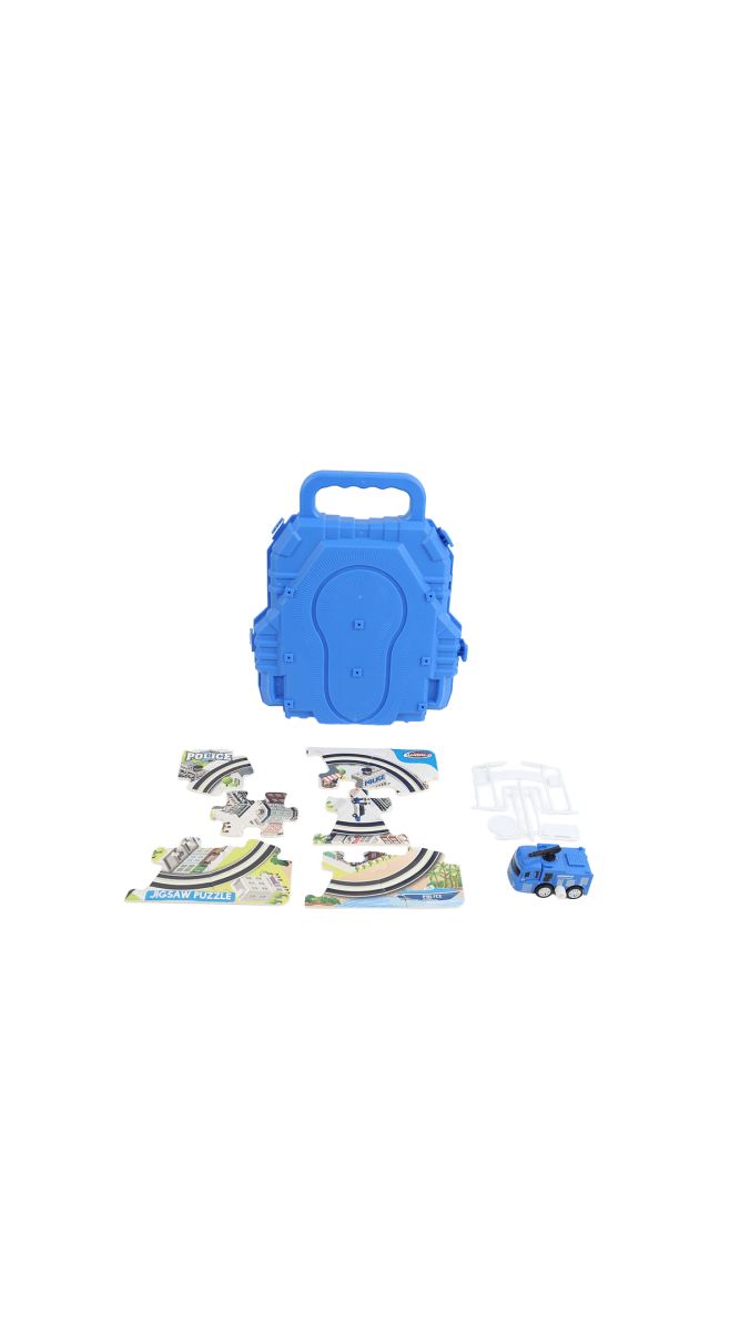 Blue play house toy case with scattered puzzle pieces and small car pieces