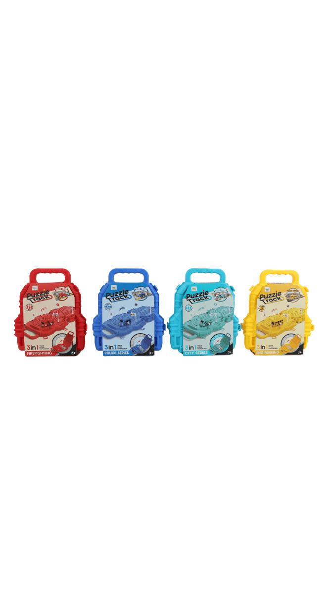 Play house toy set in four colored cases with puzzle pieces and car parts