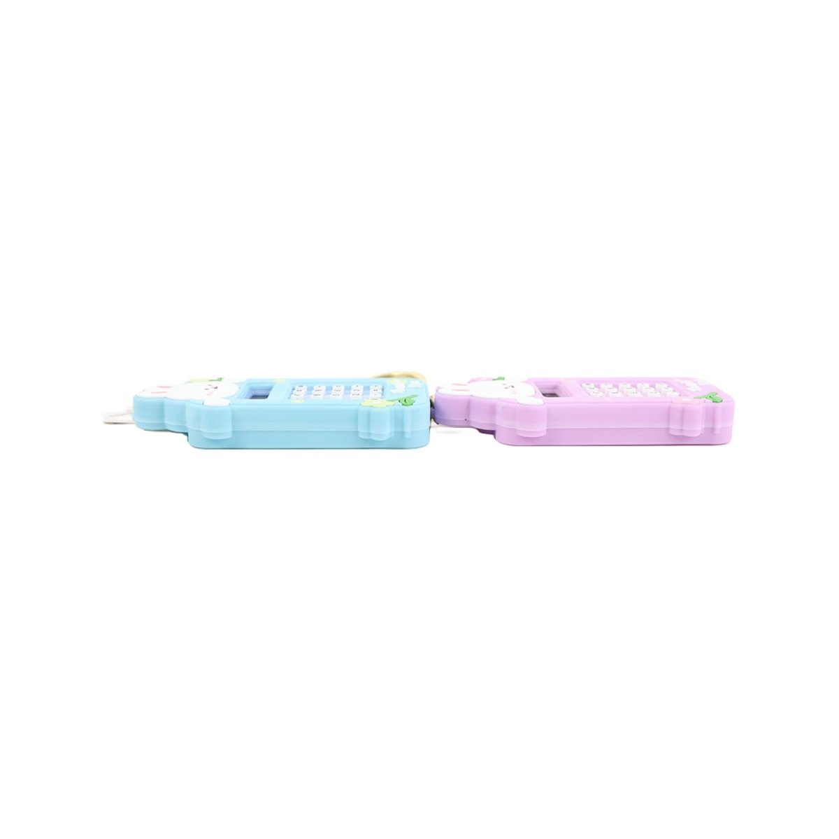 Rabbit calculator keychain side view, blue and pink plastic case