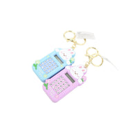 Rabbit calculator keychain, blue and pink front view with rabbit faces