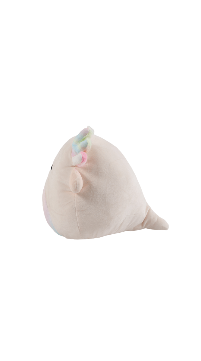 Plush axolotl toy with beige back, pastel fins and rounded tail base