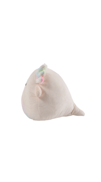Plush axolotl toy with beige back, pastel fins and rounded tail base
